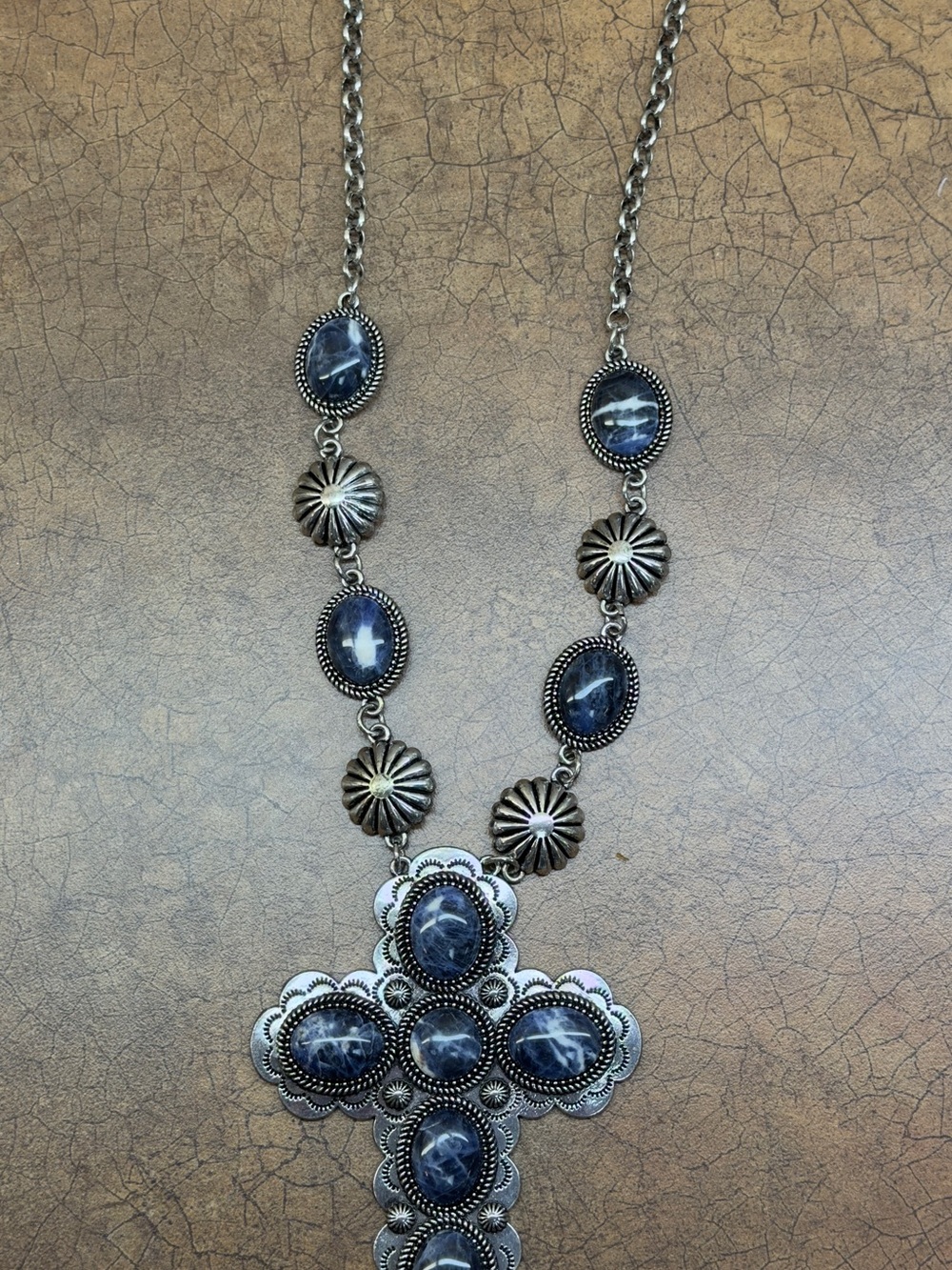 Silver-Tone Blue Stone Cross Necklace
